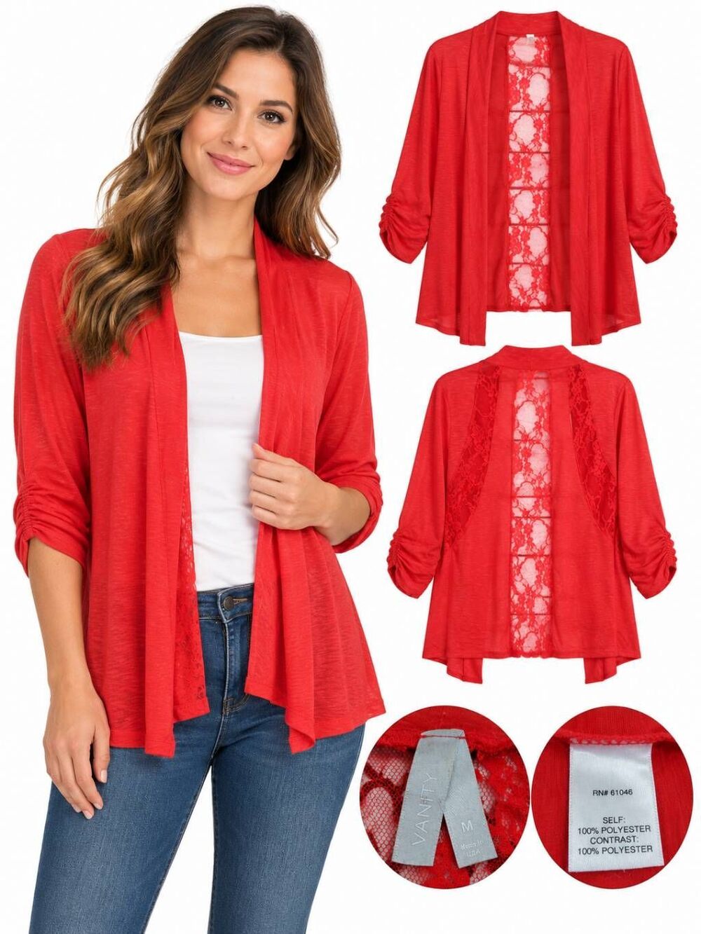 Vanity M Coral Red Lace Back Open Front Cardigan